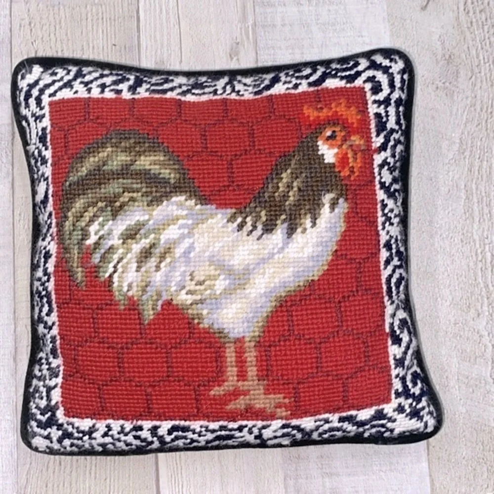 Rooster chicken embroidered needlepoint small pillow - Picture 2 of 4